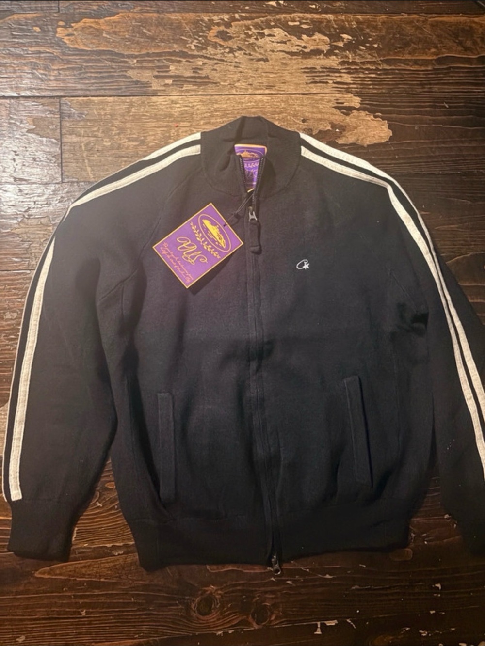 Men's Black Full-Zip Sweater with White Shoulder Stripes